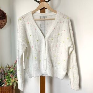 FRNCH Paris Fuzzy White Knit Floral Embroidered Cardigan  MED